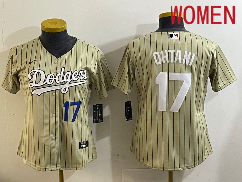 Women Los Angeles Dodgers 17 Ohtani Green Stripe Game 2024 Nike MLB Jersey style 2